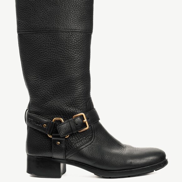 Prada Sport Black Pebbled Leather Harness Biker Boots - Picture 1 of 10